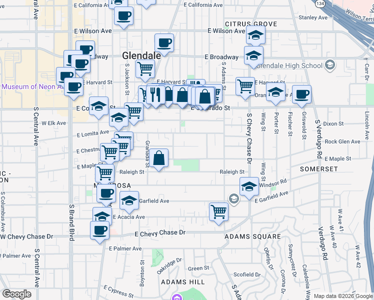 map of restaurants, bars, coffee shops, grocery stores, and more near 810 East Chestnut Street in Glendale