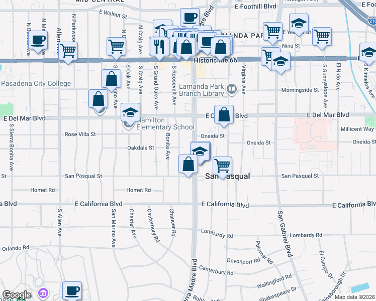 map of restaurants, bars, coffee shops, grocery stores, and more near 375 South Sierra Madre Boulevard in Pasadena
