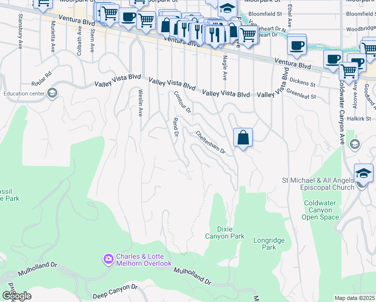 map of restaurants, bars, coffee shops, grocery stores, and more near 3613 Dixie Canyon Avenue in Los Angeles