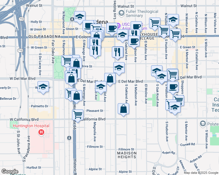 map of restaurants, bars, coffee shops, grocery stores, and more near 355 South Los Robles Avenue in Pasadena