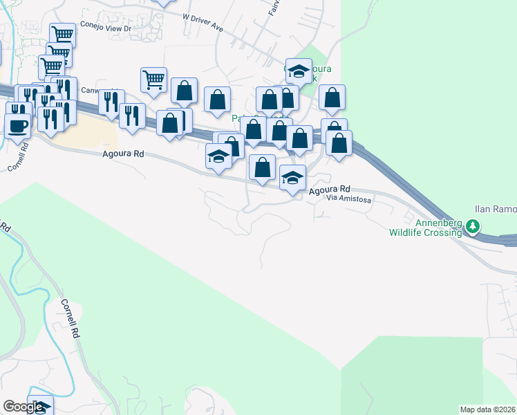 map of restaurants, bars, coffee shops, grocery stores, and more near Laura La Plante Drive in Agoura Hills