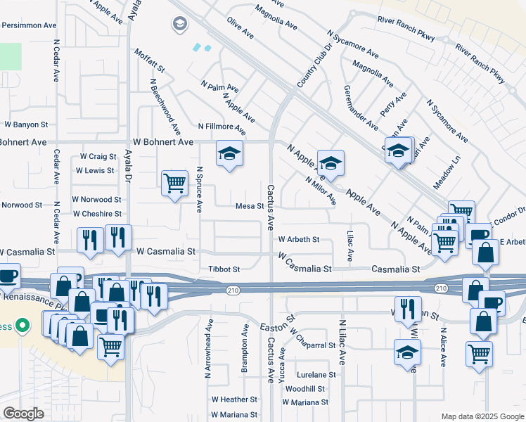 map of restaurants, bars, coffee shops, grocery stores, and more near 19275 Mesa Street in Rialto