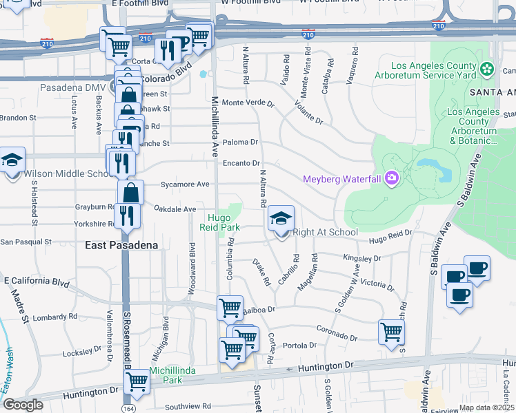 map of restaurants, bars, coffee shops, grocery stores, and more near 1 North Altura Road in Arcadia