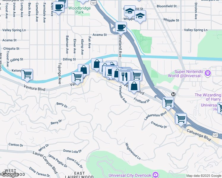 map of restaurants, bars, coffee shops, grocery stores, and more near 11036 Fruitland Drive in Los Angeles