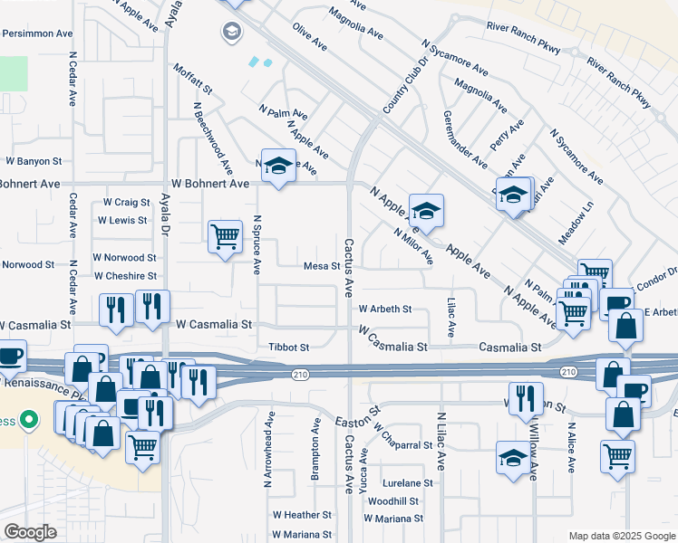 map of restaurants, bars, coffee shops, grocery stores, and more near 19275 Mesa Street in Rialto