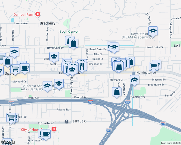 map of restaurants, bars, coffee shops, grocery stores, and more near 1937 Huntington Drive in Duarte