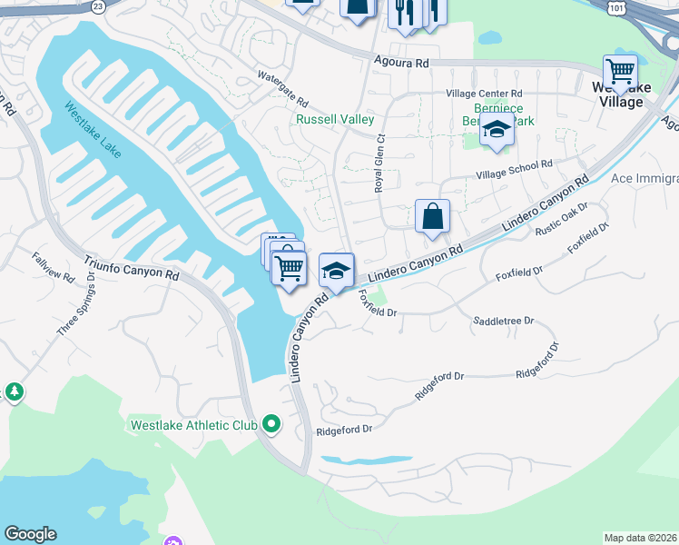 map of restaurants, bars, coffee shops, grocery stores, and more near 32015 Waterside Lane in Westlake Village
