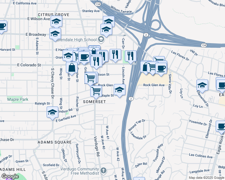 map of restaurants, bars, coffee shops, grocery stores, and more near 1510 Rock Glen Avenue in Glendale