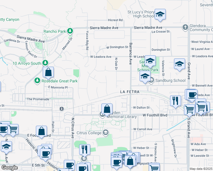 map of restaurants, bars, coffee shops, grocery stores, and more near 245 Snapdragon Lane in Glendora