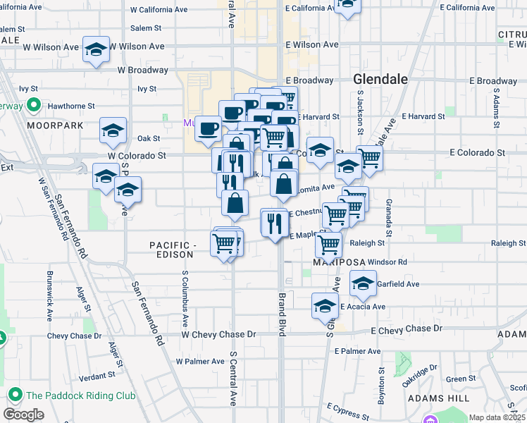 map of restaurants, bars, coffee shops, grocery stores, and more near 119 West Chestnut Street in Glendale