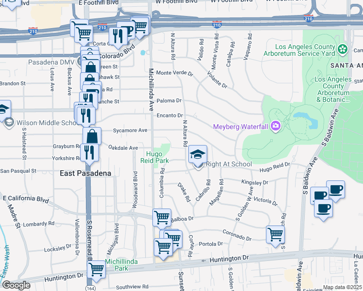 map of restaurants, bars, coffee shops, grocery stores, and more near 1 North Altura Road in Arcadia