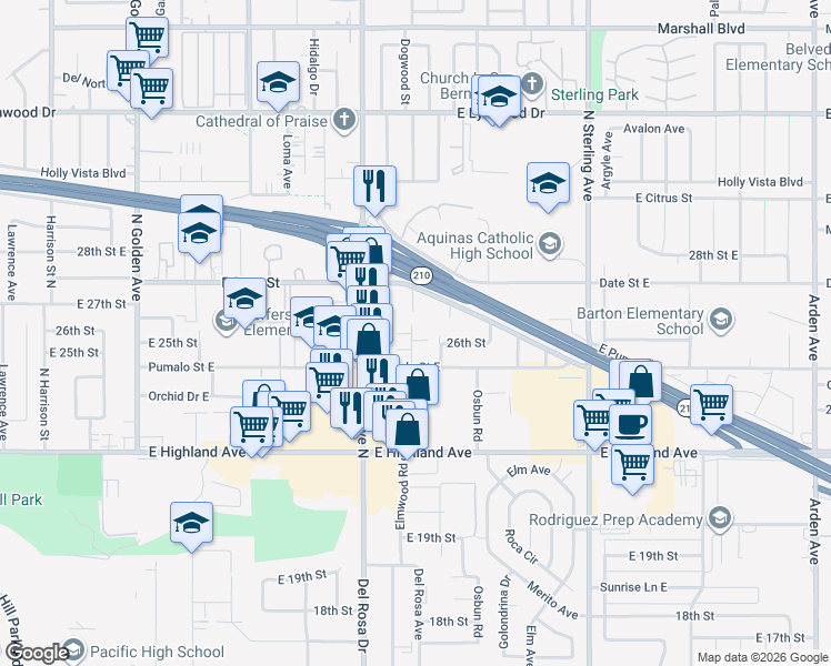 map of restaurants, bars, coffee shops, grocery stores, and more near 2641 Taylor Road in San Bernardino