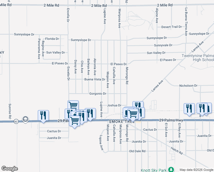 map of restaurants, bars, coffee shops, grocery stores, and more near 6244 Mojave Avenue in Twentynine Palms