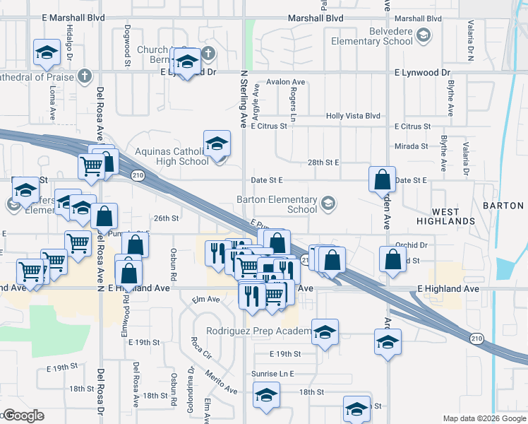 map of restaurants, bars, coffee shops, grocery stores, and more near 6271 Argyle Avenue in San Bernardino