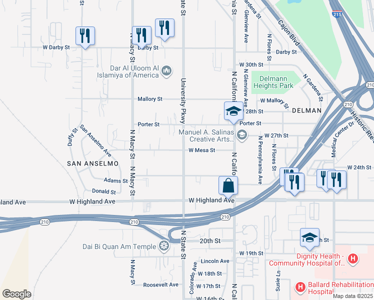 map of restaurants, bars, coffee shops, grocery stores, and more near 1990 West Mesa Street in Muscoy