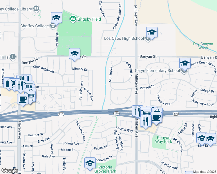 map of restaurants, bars, coffee shops, grocery stores, and more near 6270 Morning Place in Rancho Cucamonga