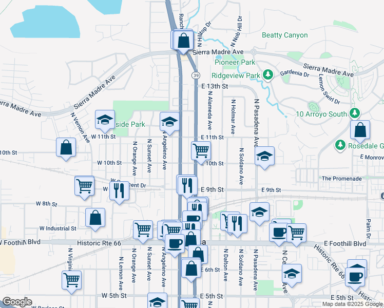 map of restaurants, bars, coffee shops, grocery stores, and more near 1022 North Azusa Avenue in Azusa