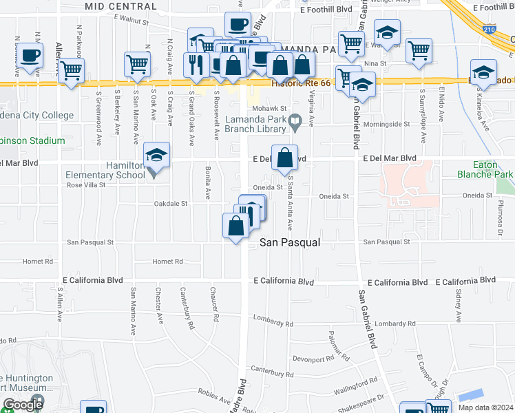 map of restaurants, bars, coffee shops, grocery stores, and more near 350 South Sierra Madre Boulevard in Pasadena