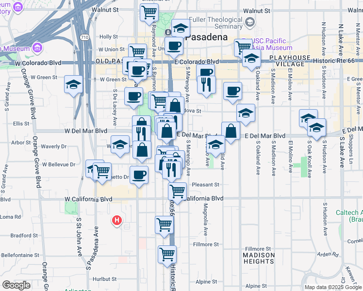 map of restaurants, bars, coffee shops, grocery stores, and more near 332 South Marengo Avenue in Pasadena