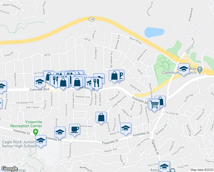map of restaurants, bars, coffee shops, grocery stores, and more near 5116 Hartwick Street in Los Angeles