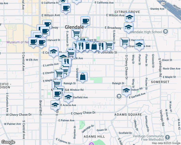 map of restaurants, bars, coffee shops, grocery stores, and more near 705 East Chestnut Street in Glendale