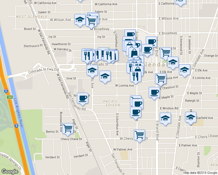 map of restaurants, bars, coffee shops, grocery stores, and more near 414 West Lomita Avenue in Glendale