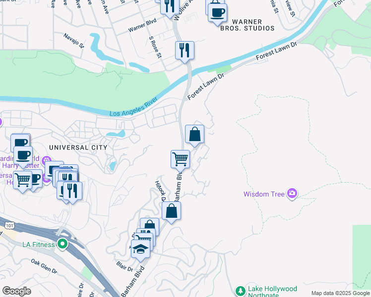 map of restaurants, bars, coffee shops, grocery stores, and more near 3662 Barham Boulevard in Los Angeles