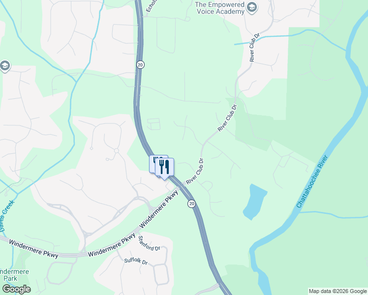 map of restaurants, bars, coffee shops, grocery stores, and more near 3435 Silver Lake Court in Cumming