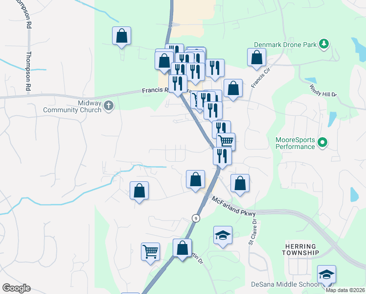 map of restaurants, bars, coffee shops, grocery stores, and more near 5860 Atlanta Hwy in Alpharetta