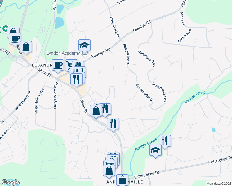 map of restaurants, bars, coffee shops, grocery stores, and more near 589 Fox Creek Crossing in Woodstock