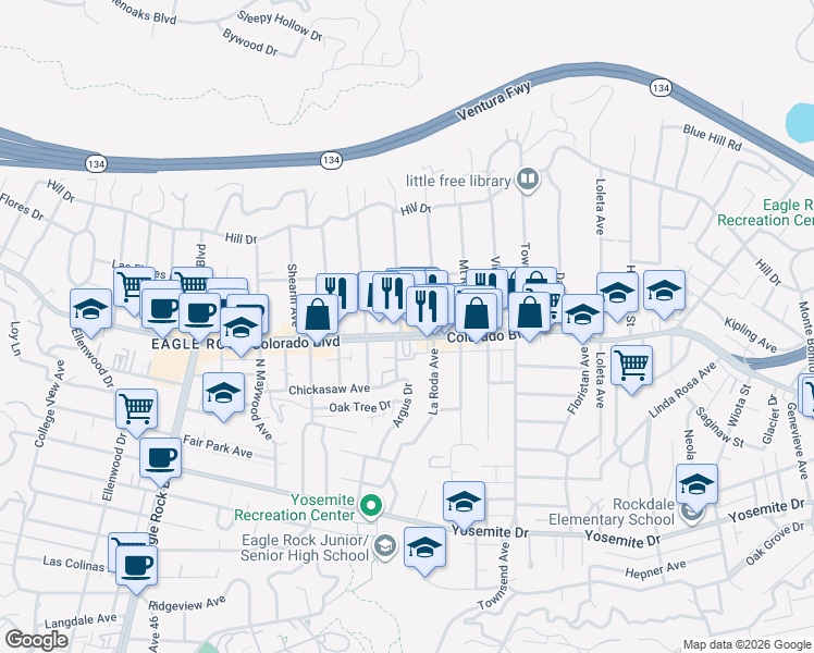 map of restaurants, bars, coffee shops, grocery stores, and more near 1759 Colorado Boulevard in Los Angeles