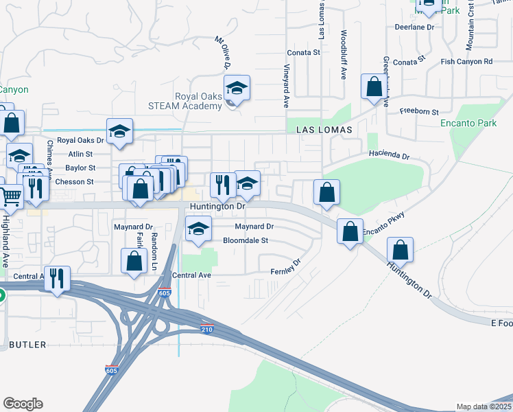 map of restaurants, bars, coffee shops, grocery stores, and more near 2502 Huntington Drive in Duarte
