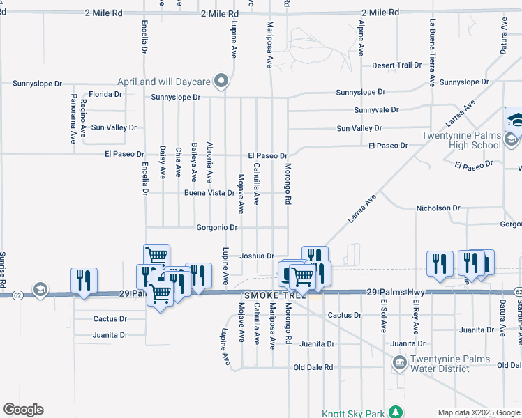 map of restaurants, bars, coffee shops, grocery stores, and more near 6245 Cahuilla Avenue in Twentynine Palms