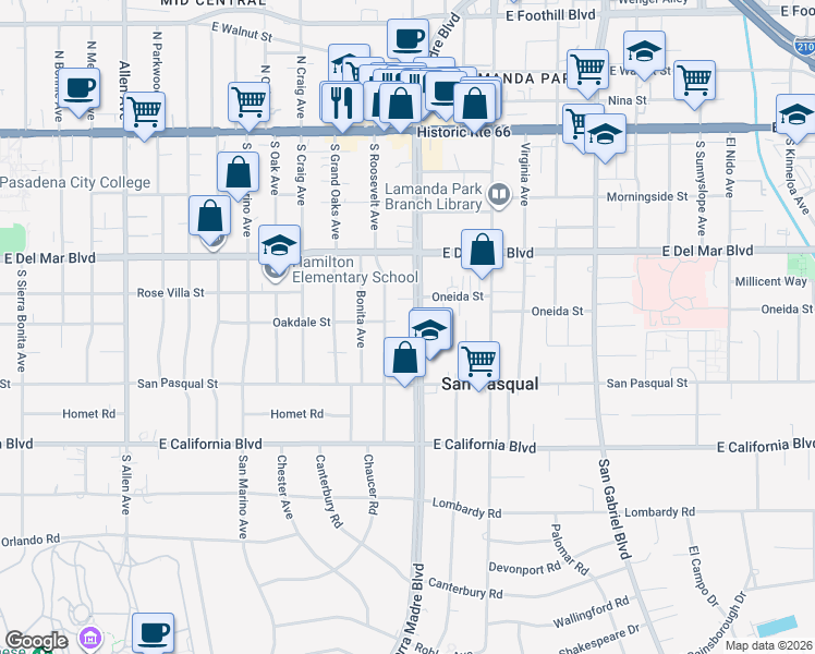 map of restaurants, bars, coffee shops, grocery stores, and more near 371 Sierra Madre Boulevard in Pasadena