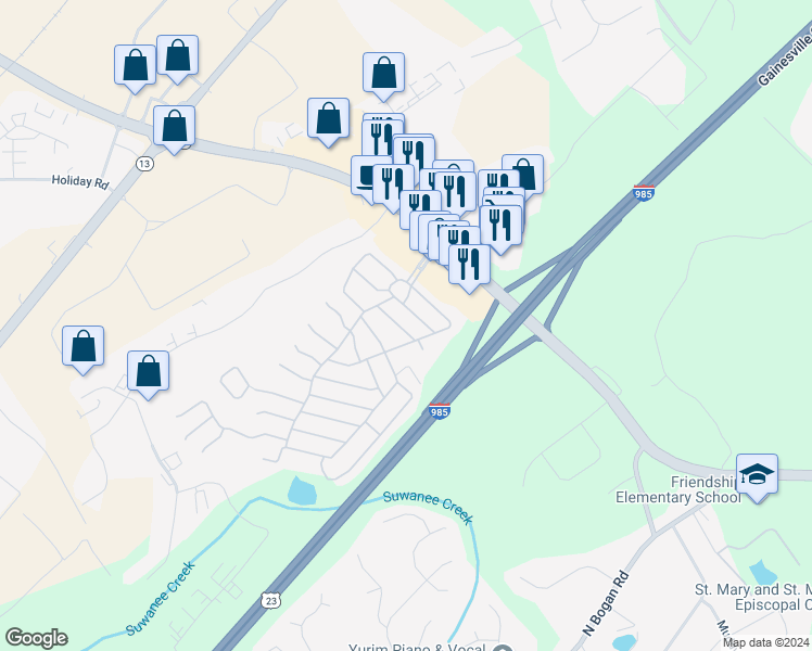 map of restaurants, bars, coffee shops, grocery stores, and more near 5015 Dogwood Lane in Buford