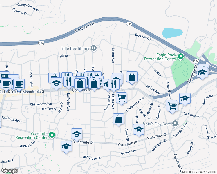 map of restaurants, bars, coffee shops, grocery stores, and more near 5129 Loleta Avenue in Los Angeles