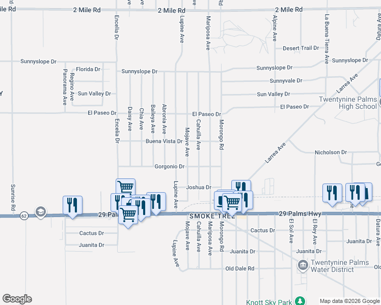 map of restaurants, bars, coffee shops, grocery stores, and more near 6243 Mojave Avenue in Twentynine Palms