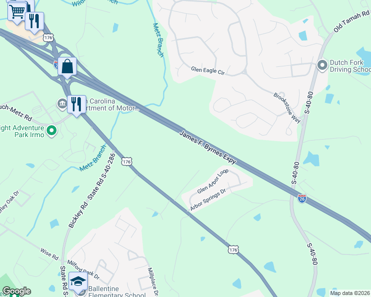 map of restaurants, bars, coffee shops, grocery stores, and more near 10940 Broad River Road in Irmo