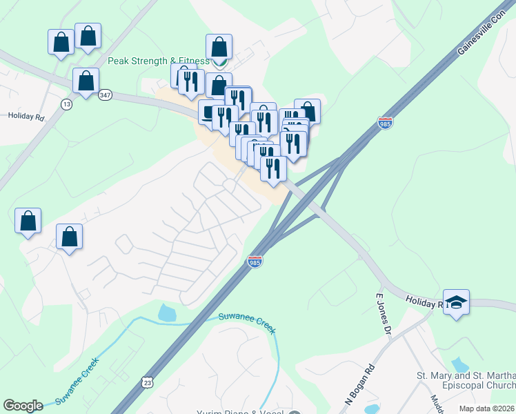 map of restaurants, bars, coffee shops, grocery stores, and more near 4872 Peachtree Drive in Buford
