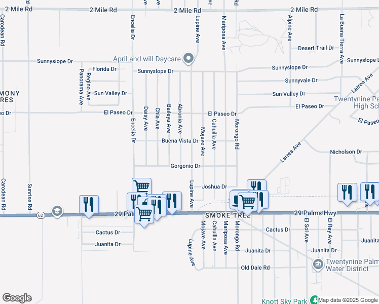 map of restaurants, bars, coffee shops, grocery stores, and more near Lupine Avenue in Twentynine Palms