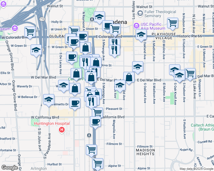map of restaurants, bars, coffee shops, grocery stores, and more near 354 South Marengo Avenue in Pasadena