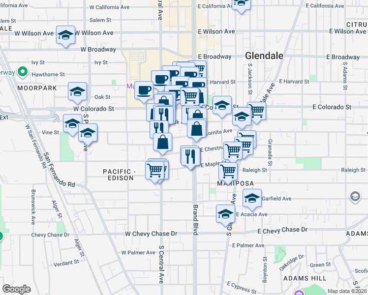 map of restaurants, bars, coffee shops, grocery stores, and more near 108 West Lomita Avenue in Glendale