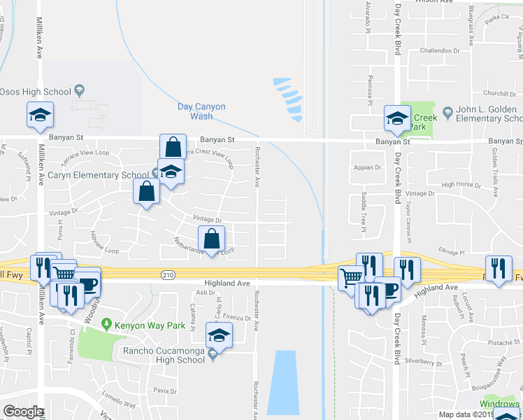 map of restaurants, bars, coffee shops, grocery stores, and more near 11910 Timber Mountain Court in Rancho Cucamonga