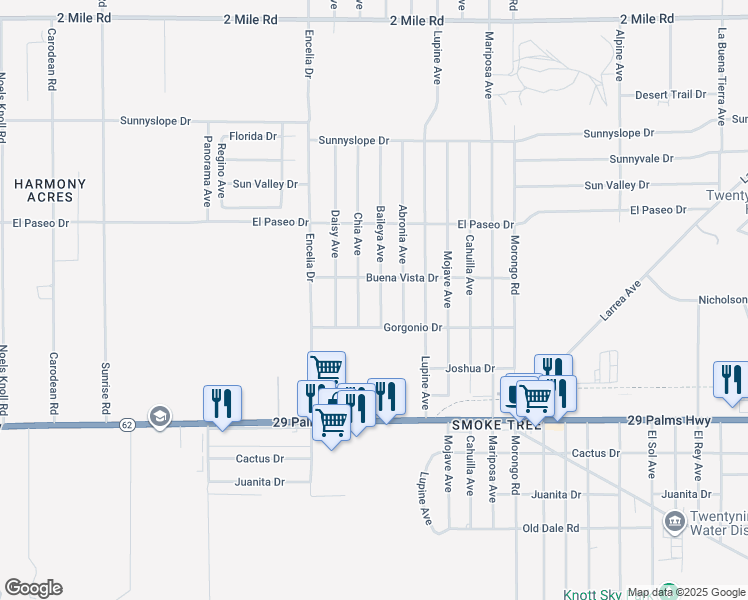 map of restaurants, bars, coffee shops, grocery stores, and more near 6246 Baileya Avenue in Twentynine Palms