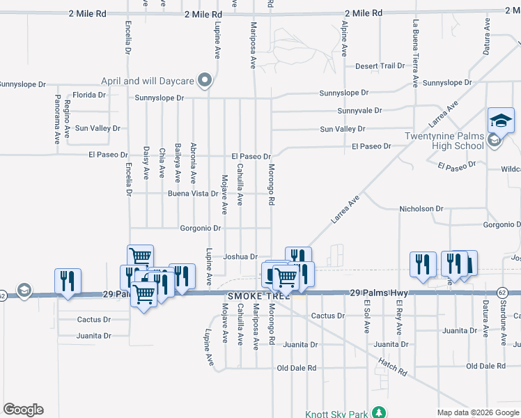 map of restaurants, bars, coffee shops, grocery stores, and more near 6245 Mariposa Avenue in Twentynine Palms