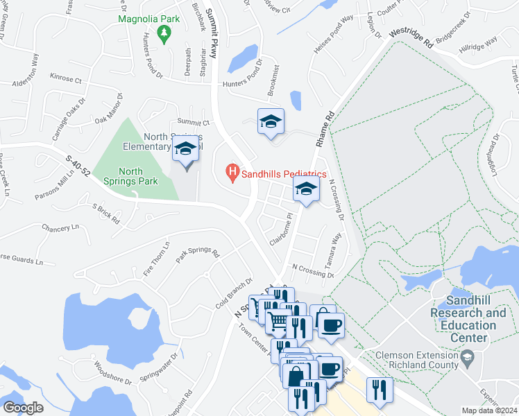 map of restaurants, bars, coffee shops, grocery stores, and more near 104 Summit Townes Way in Columbia