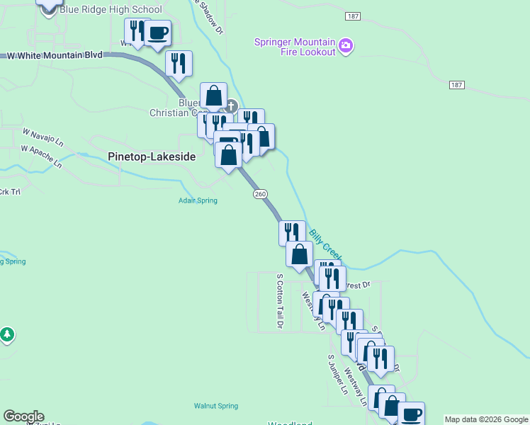 map of restaurants, bars, coffee shops, grocery stores, and more near 93 East White Mountain Boulevard in Pinetop-Lakeside