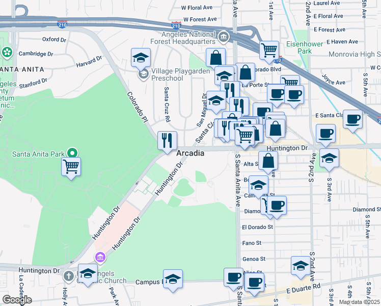 map of restaurants, bars, coffee shops, grocery stores, and more near 4064 Live Oak Avenue in Arcadia