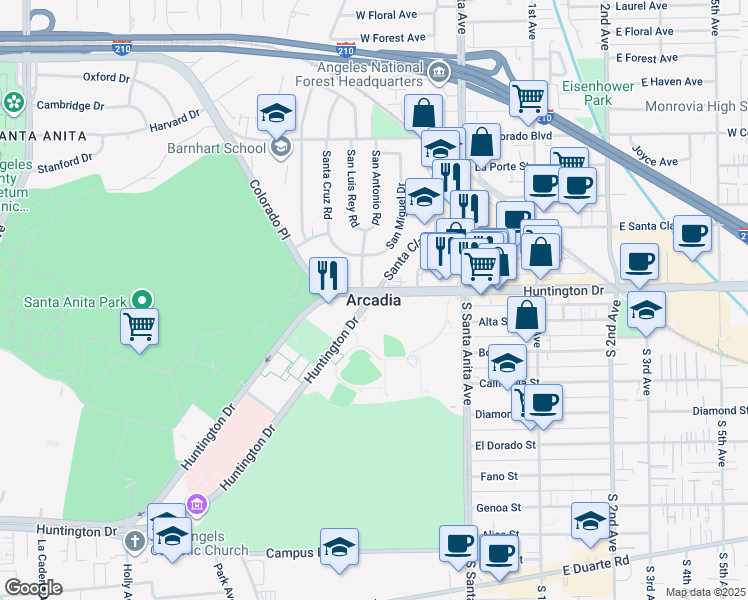 map of restaurants, bars, coffee shops, grocery stores, and more near in Arcadia