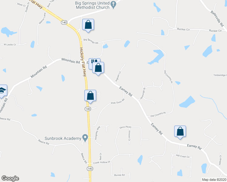 map of restaurants, bars, coffee shops, grocery stores, and more near 1102 Pink Goss Road in Woodstock